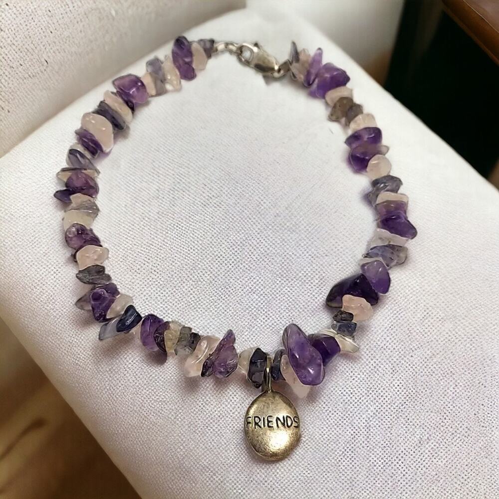 Amethyst & Quartz Chip Bracelet w/ Sterling Friends Charm 7.5" Purple 925 FA